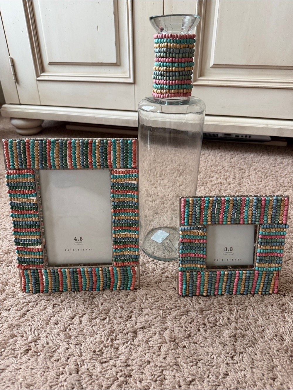 Pottery Barn Multicolored Beaded Frames and Vase